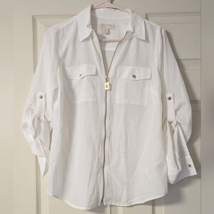 MICHAEL Michael Kors White Blouse Office Work Semi Sheer Dressy Logo Full Zip